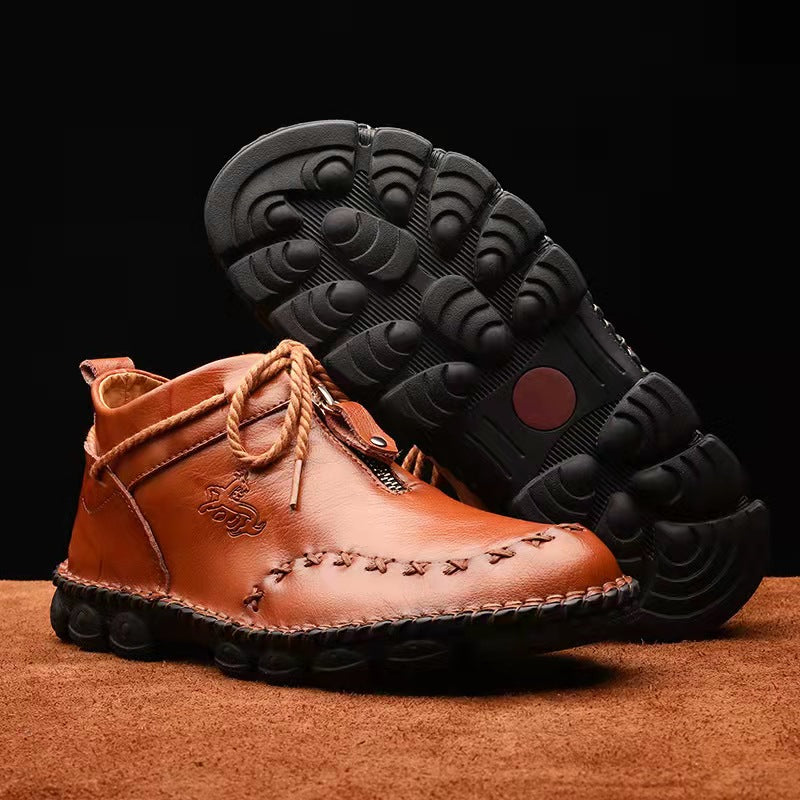 Mens Hand Stitching Non-Slip Soft Sole Genuine Leather Ankle Chukka Boots